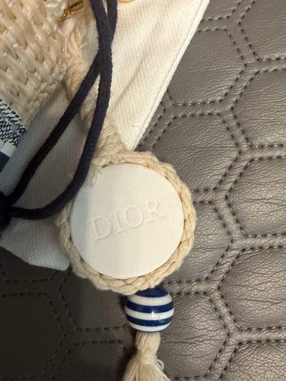 Dior Mini Raffia Bucket Bag Natural and Navy with Gold Chain and original strap - Picture 9 of 12